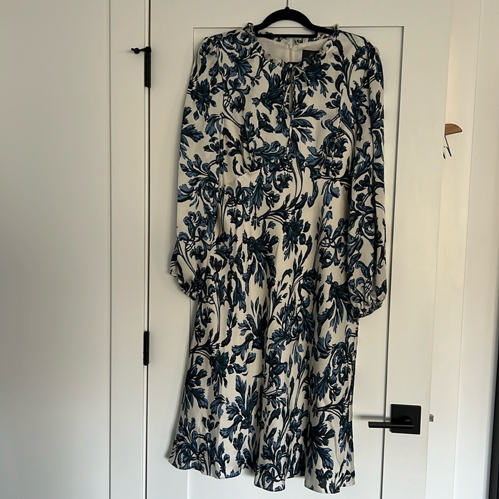 Adrianna Papell Black, Blue and White Midi Dress with Bishop Sleeves